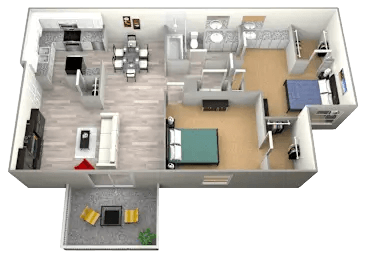 Floor plan for 2 beds, 1 bath, 975 sqft